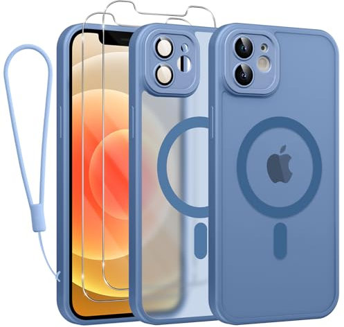 Phoona Magnétique Coque pour iPhone 12 Con Cordon, [Compatible avec MagSafe], Etui Translucide Mat Arrière Housse Fine Antichoc Case avec 2 Pièces Verre Trempé Étui, Bleu