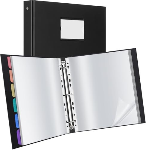 Uquelic Presentation Binder Folder, A4 Display Folder with 50 Punched Pockets, 6 Colorful PP Divider Pages, Upgraded Cardboard Cover, Plastic Sleeves for Documents, Certificates, and Receipts, Black