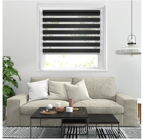 J.Din Zebra Roller Blinds Windows Door Curtain For Bedroom Light Filtering Day and Night Window Shades Blind Easy Fit Double Layer Fabric Translucent Vision Curtains (Black, 174cm x 210cm)