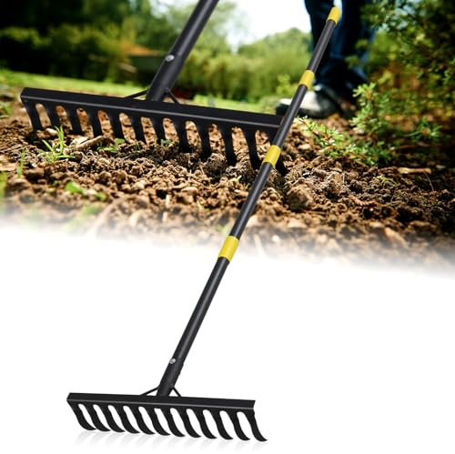 Rake, 152 cm Bow Rake with 12 Tines, Long Handle Heavy Duty Garden Rake for Loosening Soil, Cleaning Leaves, Weeding, Thatch, Garden Tool