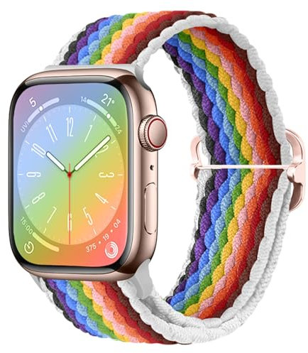 Fitoncloud Cinturino Intrecciato Compatibile con Cinturino Apple Watch 38mm 40mm 41mm 42mm Donna Uomo, Regolabile Elastica Cinturini Nylon per iWatch Series SE 10 9 8 7 6 5 4 3 2 1, Arcobaleno Bianco