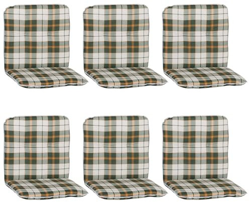 NYVI Niedriglehner Auflagen Hawaii 6er Set - 96x47 cm Grün Orange Weiß Kariert - Gartenmöbel Auflage mit 5 cm Polster und Gummi-Halteband