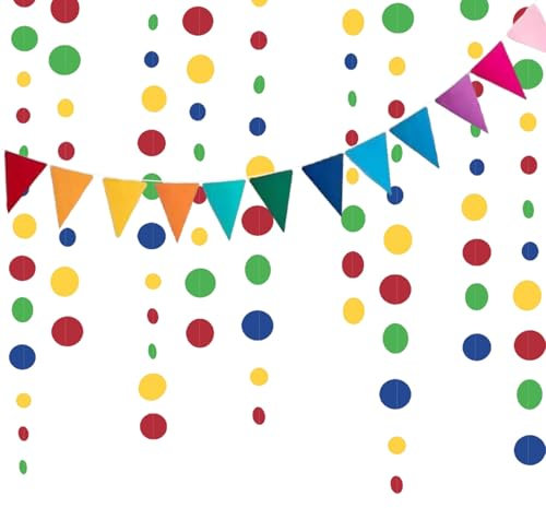 Girlande Fasching Bunt Party Deko mit 4 Stück Girlande und 1 Stück Bunte Flaggen für Geburtstag, Einschulung, Gartenparty, Fasching