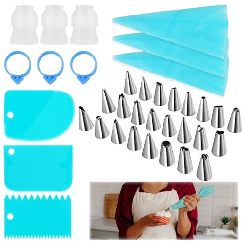 36Pcs Piping Bags and Nozzles, Cake Decorating Kit with 24 Stainless Steel Small Piping Nozzles, 3 Reusable Piping Bags Couplers Scrapers Bag Ties, Icing Piping Kit for Cakes Pastry Baking Decoration