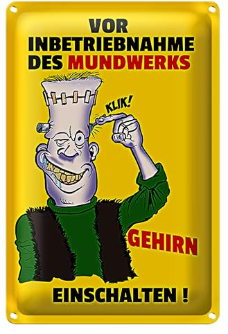 Humorvolles Blechschild 'Vor Inbetriebnahme des Mundwerks Gehirn Einschalten!' | Lustiges Geschenk für Büro & Zuhause | Gelb, Cartoon-Stil | 12 cm x 18 cm