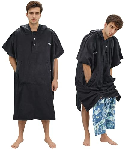 Kato Tirrinia Surf Poncho Umziehhilfe Strand für Damen Herren, Mikrofaser Badeponcho mit Kapuze & Tasche, Handtuch Poncho als Umziehhilfe für Surfer Schwimmen Camping Sauna Baden, L/XL, Schwarz