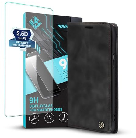 LBH Handyhülle kompatibel mit Apple iPhone 12 in Schwarz mit Displayglas Karten- und Geldfach Smartphone Hülle mit Standfunktion Flip Case Schutzhülle Magnetverschluss Vintage