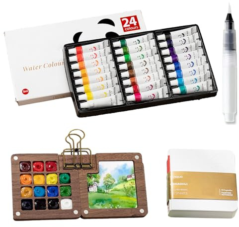 TENGWAR Mini Aquarell Travel Set Mini Malkasten Aquarell Palette 15 Grids | Pocket Aquarellset Tragbare 24 Farben mit Skizzenbuch Palette Aquarellpinsel Stiftel Clip für Künstler Studenten
