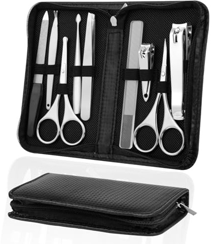 AYBUY Manicura Pedicura Set, 9 Piezas Cortaúñas con lima de uñas, Herramientas Remover Cutícula y pinzas, Inoxidable, Tijeras de Uñas para Viajes y hogar, con Caja de Cuero
