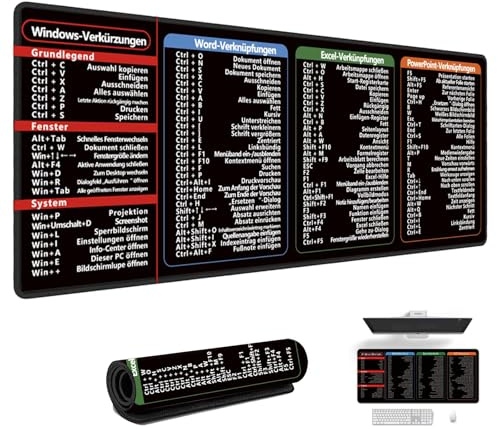 Mauspad Excel Mouse Pad Shortcuts Unterlage Deutsch, Gaming Mousepad Anti Rutsch Wasserdicht mit Word PPT Windows für Office Büro Laptop Studium Zuhause (L(600 * 300 * 0.2MM))