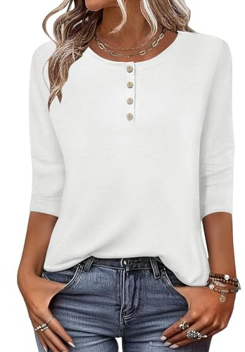 Zeagoo Women 3/4 Sleeve Tops Henley Crew Neck Blouses Casual Summer Tunic | Elegant Tops, Summer Autumn T Shirts, Dressy Outfits for Women, Going Out Top, Comfy Soft, Variety of Floral, S-3XL
