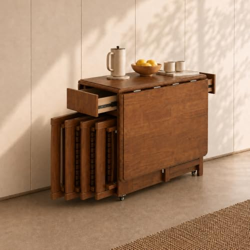 EOBfurniture Klappbarer Esstisch 130cm mit 4 Stühlen, Klapptisch | Platzsparender Klapptisch 150cm,Ausziehbar,360° Rollen,Stauraum,Nussbaumoptik,Multifunktionaler Esstisch für kleine Räume