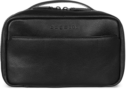 bugatti Black Kulturtasche aus Leder, Kulturbeutel für Reisen, Urlaub und Kurztrips, schwarz