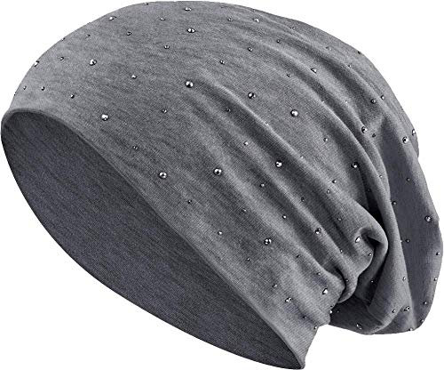 Jersey Baumwolle elastisches Long Slouch Beanie Unisex Herren Damen mit Strass Stern Steinen Mütze Heather in 35 (7) (Heather Dark Grey)