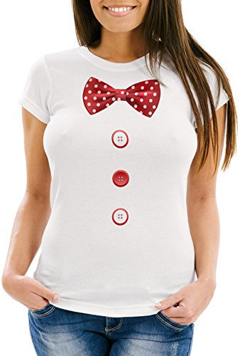 MoonWorks Damen T-Shirt Fliege Knöpfe Schleife Clown Fasching Fastnacht Karneval Kostüm Slim Fit weiß M