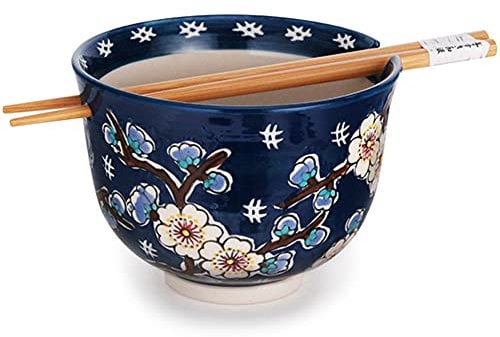 Happy Sales HSRB-DSYFLR Mehrzweck-Schüssel Ramen Udon Soba Pho Nudel Donburi Reis Tayo mit Essstäbchen, Blaue Kirschblüte