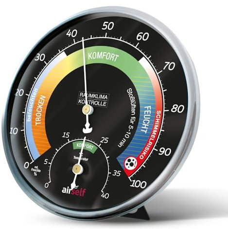 Thermohygrometer analog für innen – schwarzes Ziffernblatt mit farbigen Komfortzonen – Thermometer und Feuchtigkeitsmesser