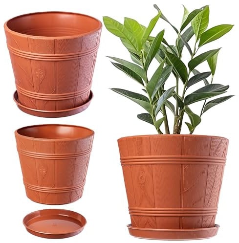 KADAX Blumentopf, Blumenkübel mit Untersetzer, Pflanzkübel für Innen- und Außenbereiche, Holzoptik, wetterfester Pflanztopf aus Kunststoff, Übertopf für Blumen, Garten, Balkon (Ø 42 cm, Terrakotta)