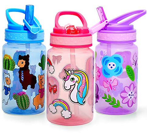 Home Tune Trinkflasche für Kinde - BPA frei, breiter Mund, Flip Sip Top, leicht zu öffnen, leicht, auslaufsichere Wasserflasche für Mädchen & Jungen - 440ml 3 Pack Blume & Einhorn & Llama