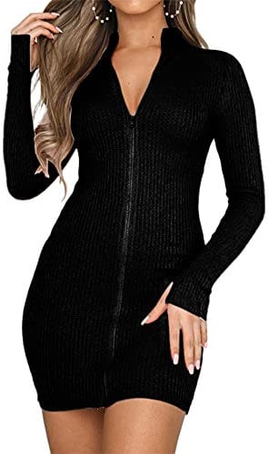Colisha Women's Long Sleeve Full Zip Bodycon Mini Dress High Collar Slim Fit Plain Jumper Dresses Plus Size M Black