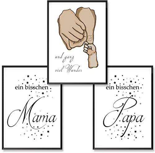 S&N® Babyzimmer Deko-Poster Set in DIN A4 | ein bisschen Mama - ein bisschen Papa und ganz viel Wunder | Wanddeko Baby- Kinderzimmer Geburtsposter als Geschenk-Idee - ohne Rahmen