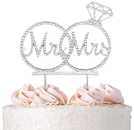 Mr and Mrs Wedding Cake Topper,Bride and Groom Cake Topper, Wedding Anniversary Rings , Engagement Party Decorations, Premium Silver Metal