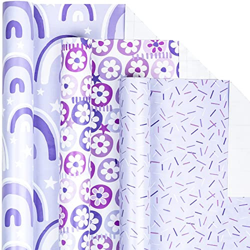 LeZakaa Violettes Geschenkpapier, Blumenball/bunter Streifen/Bogendruck für Hochzeit, Muttertag, Geburtstag, Mini-Rolle, 43,2 x 304,8 cm, 3 Rollen (42,5 m²)