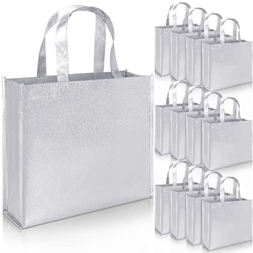 12 Große Geschenktüten mit HenkelVlies stilvolle Tragetaschen zum Geburtstag Hochzeit Geschenkverpackung party, Wiederverwendbare glänzende Einkaufstüten (Silber)