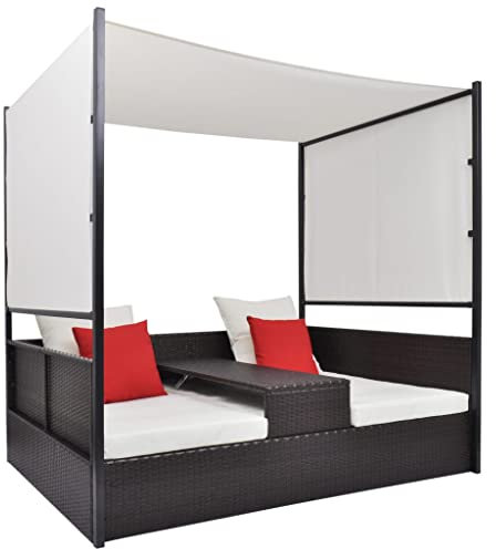 Hommdiy Gartenbett mit Sonnendach Doppel Sonnenliege Gartenliege Doppelliege Relaxliege Rattanmöbel Rattanliege 190x130cm Poly Rattan (Braun)