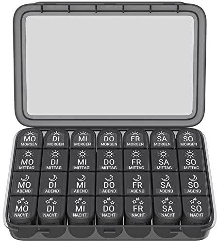 WELLGRO Tablettenbox für 7 Tage - Pillendose je 4 Fächer pro Tag - Klappdeckel mit Druckverschluss - Aufbewahrungsbox - BPA-freier Kunststoff, Farbe:Schwarz