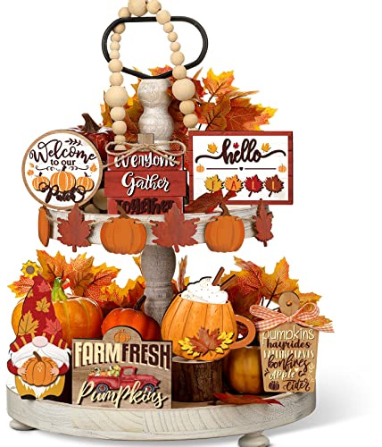 Set of 15 Fall Tiered Tray Decor Decorations Harvest Wood Blocks Signs Wooden Maple Leaf Block Tabletop for Thanksgiving Farmhouse（Bright Style）