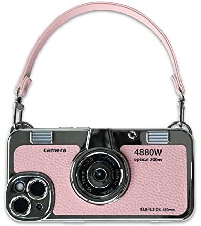 Mscomft Classic Emily in Paris Phone Case,2023 New Vintage Camera Design Case That Looks Like a Camera,for iPhone 14 Camera Phone Leather Bracelet Sling Cover case (Pink, for iPhone 11)