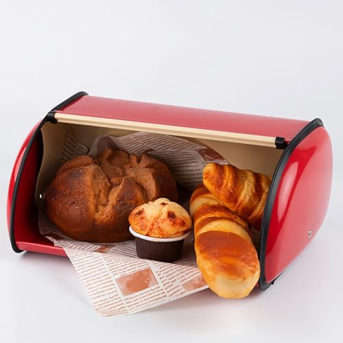 Bread Container, Bread Storage, Metal Bread Box for Kitchen Countertop Large Capacity Bread Bin Holder Container with Roll Top Lid (Red)