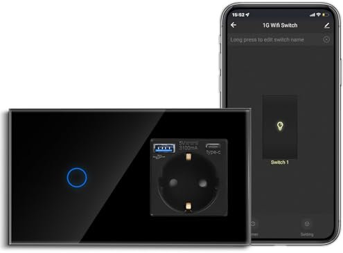 CNBINGO Smart Touch - Interruptor de luz con enchufe Schuko USB, con conector USB y tipo C (máx. 3,1 A), interruptor de luz WiFi para Alexa, Google Assistant, enchufe de pared empotrado, color negro