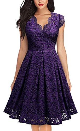 Vestido Vestido Retro de Encaje Femenino Vestido Swing de cóctel sin Mangas con Cuello en V