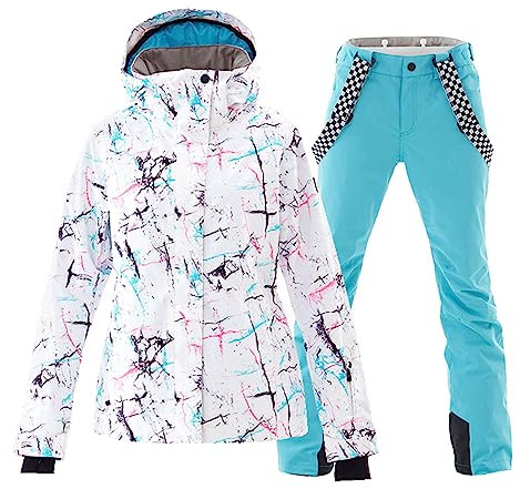 ALSOGO Damen Skianzug Schneeanzug Winddicht Wasserdicht Skifahren Snowboardjacke Trägerhose Set Zum Skifahren Snowboarden Klettern SMNWT+Blue L