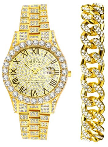 JewelryWe Herrenuhr Armband Set: 2pcs Gold Iced Out Uhr und Armband Schmuckset für Männer Frauen Glitzer Strass Metallarmband Kalender Analog Quarz Armbanduhr Bling Diamant Panzerkette Armkette