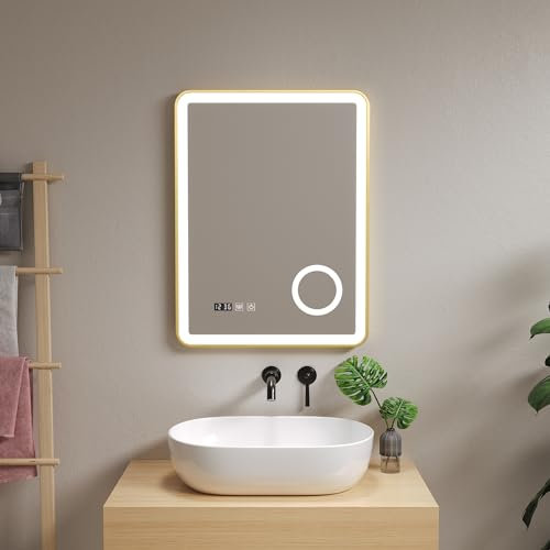 pro.tec Miroir LED pour Salle de Bain Miroir Mural avec Interrupteur Tactile Anti-buée Loupe 3X Affichage Horloge Température Aluminium Verre 80 x 60 cm Or