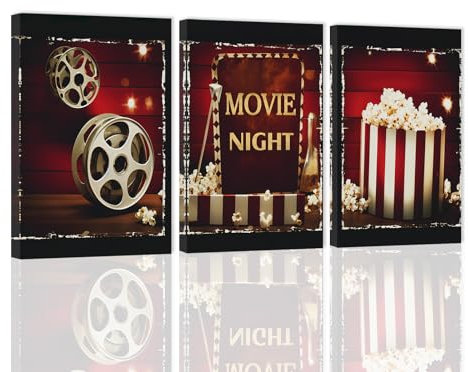 ZXHYWYM Film Wandbild 3 teilig Filmschild Leinwanddruck schwarz und rot Film Popcorn Gemälde modernes Heimkino Raum Medien Kino Wanddekoration mit Rahmen (40x60cmx3)
