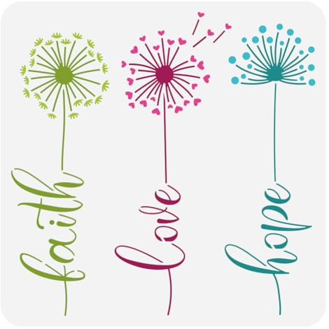 FINGERINSPIRE Löwenzahn Schablone 30x30 cm - Wiederverwendbare Blumen Wörter zum Malen auf Kunststoff, Haustier Glaube Hoffnung Liebe Pflanzenthema für Holzstoff