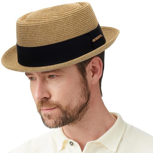 Strohhut für Herren und Damen, klassischer Trilby-Sonnenhut, Sommerhut für Derby, Bootshut, Strand, Reisen, Urlaub usw, Schwarzes Banddekor, Khaki, MEDIUM