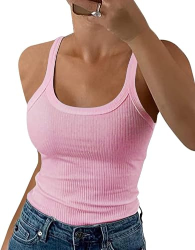 TrendiMax Women's Strap Ribbed Tank Top Scoop Neck Slim Fit Summer Vest Tops(XL,Pink)