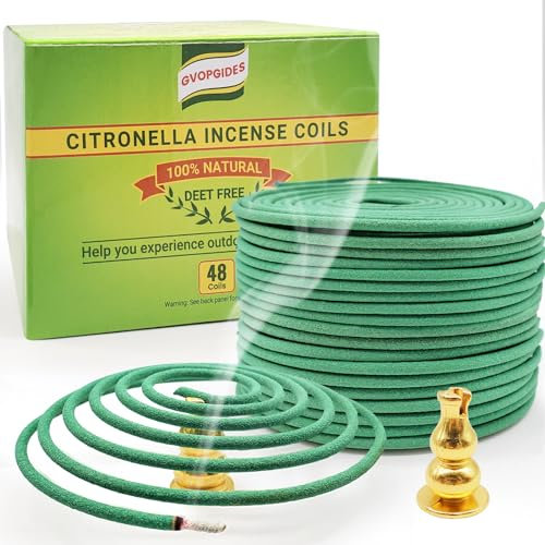 Citronella Räucherspirale, Hergestellt aus natürlichen Pflanzen, Geeignet für den Gebrauch im Freien, im Wohnzimmer, auf der Terrasse (48 Stück und Halter für Stäbchen)