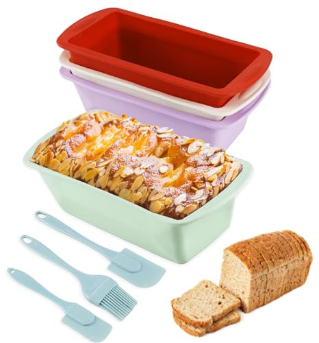 OXRXRO 4 Stück Silikon Backform, Antihaftende Kastenform kuchen Silikon für Kuchen und Brote, mit 3 Stück Silikon Spatel Set, Kastenform Kuchen für Backofen und Luftfritteuse(19,5x9,5x5,5cm)