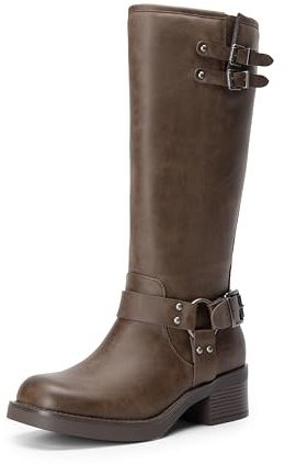 DREAM PAIRS Women's Knee High Boots Side Zipper Motorcycle Boots Square Toe Chunky Low Heel Fashion Buckles Biker Riding Boots,Size 8.5,Brown-Nubuck,SDKB2412W