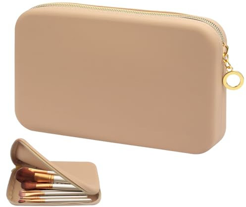 Custodia Porta Pennelli da Trucco, Borsa Cosmetica da Viaggio Silicone, Borsa Trucco in Silicone con Cerniera, Organizer Pennelli Make Up Silicone Portatile, Organizer per Strumenti Trucco (Cachi)