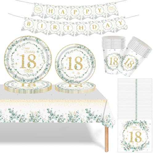 Sage Green 18th Birthday Party Tableware,70pcs 18th Birthday Dinnerware Sage Green Eucalyptus Party Paper Plates Cups Napkins Tablecloth and Happy Birthday Banner for Boys Girls 18 Years Old Birthday
