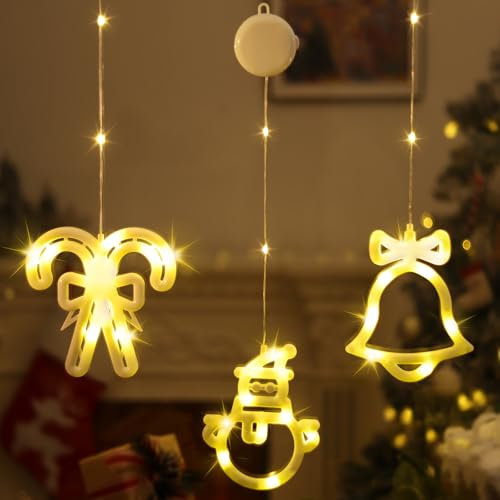 Lewondr 3Pcs Lumières de Ventouse, Lumières de Décoration de Noël Béquille & Cloche & Bonhomme de Neige avec Alimentation par Piles, Lampe Ventouse avec Minuterie pour Maison et Fête, Lumière Chaude