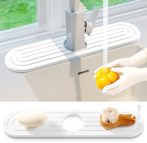 Spüle Splash Guard Matte,Wasserhahn Spritzschutz Stein Abtropfmatte Spüle Super Saugfähig für Küche Spritzfänger,Waschbecken Kieselgur Bad Spülbecken Organizer (Weiß, 15,5x3,9x0,5Zoll/40x10x1cm)