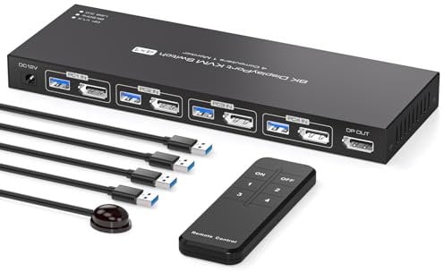 PVBCTCSID 8K Display Port KVM Switch 4 Computers 1 Monitor 4K144Hz 4 Port KVM Sharing 1 Monitor and 4 USB 3.0 Devices with Remote Control Support Extended/Copy Mode